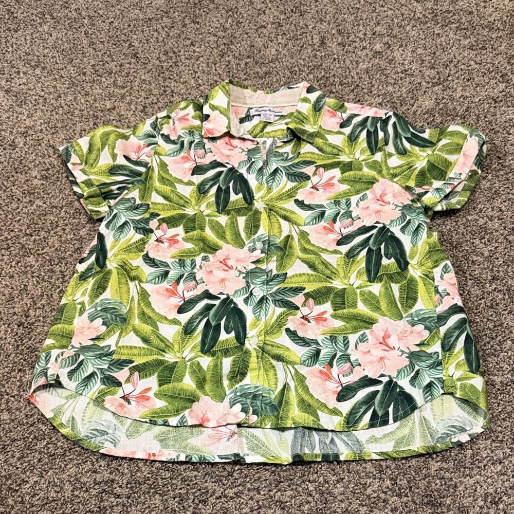 Tommy Bahama Women's Linen Green and Pink Floral Shirt XS